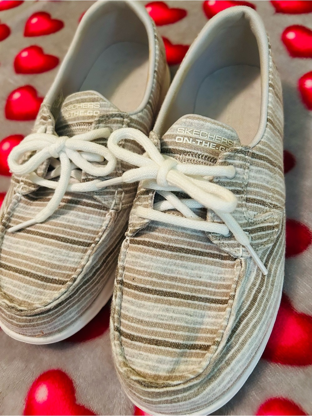 Skechers Striped Canvas Lace-Up Slip-Ons in Beige and White